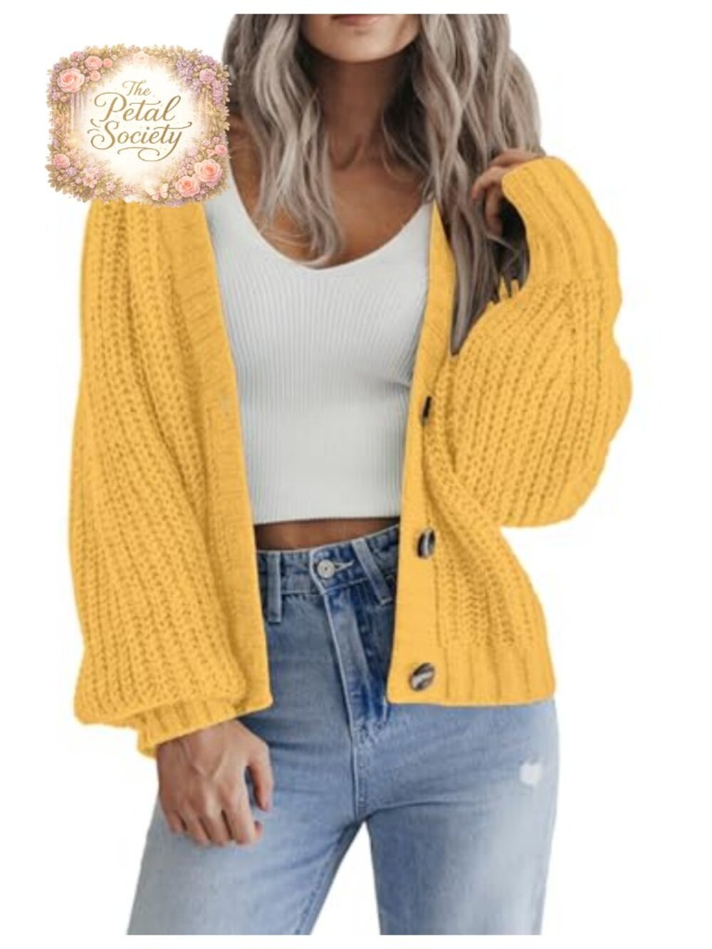 Chunky Knit Button Cardigan V-Neck Long Sleeve Cropped Sweater Casual Layer